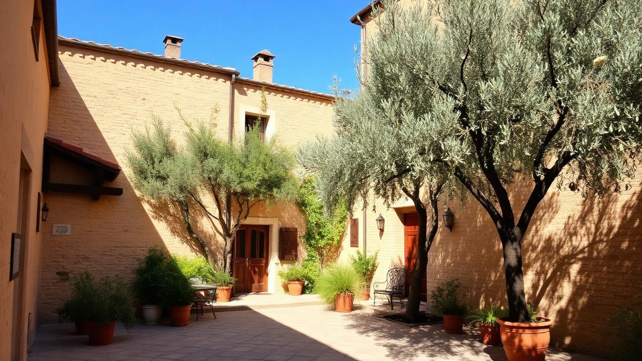 Cortile di un B&B italiano con muri in pietra e ulivi