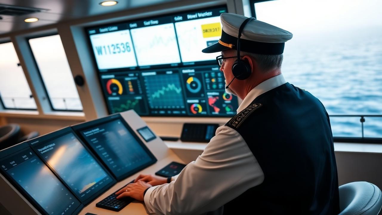 Ufficiale di bordo che consulta la dashboard di gestione della flotta su grandi schermi