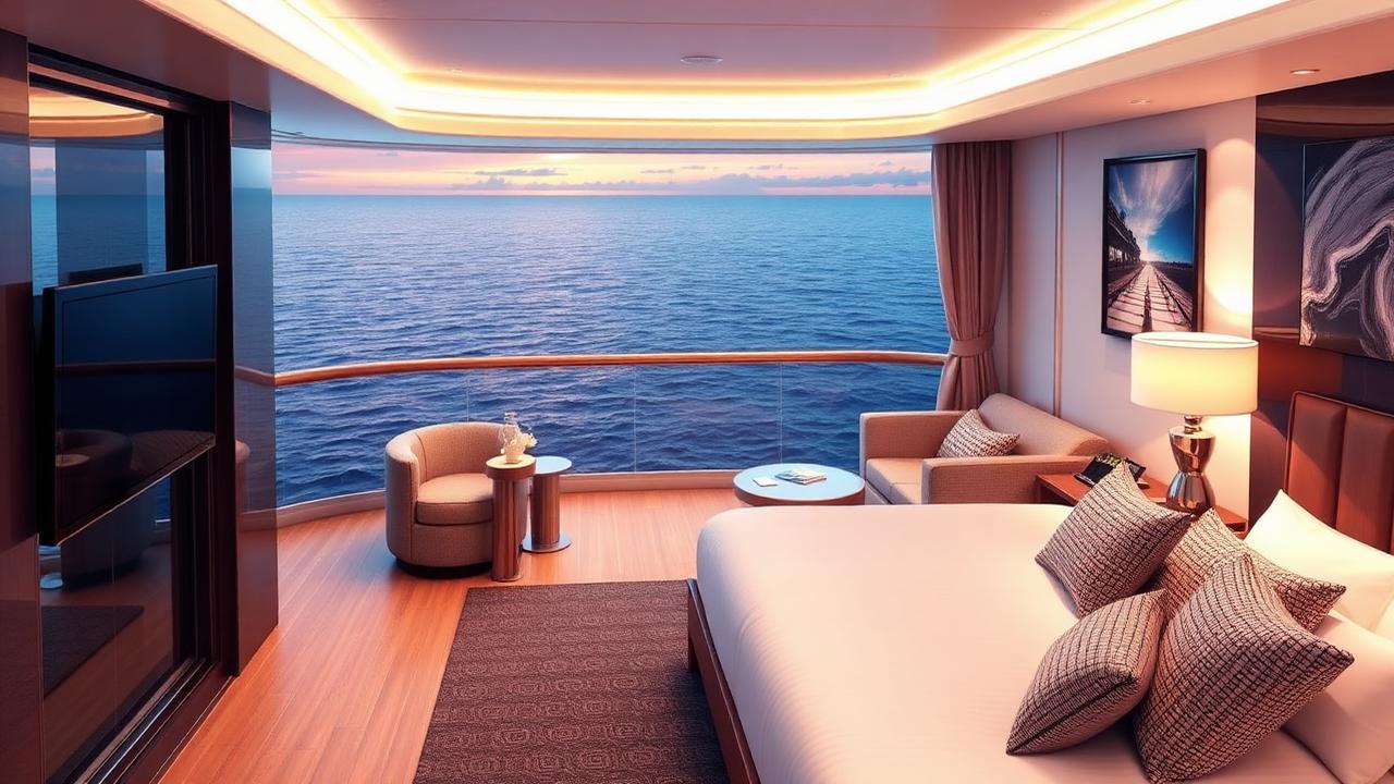 Suite di una nave da crociera con balcone e vista sull'oceano all'alba