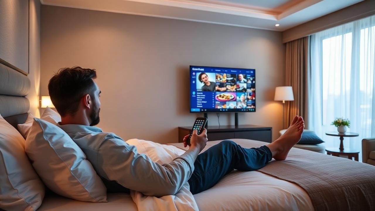 Ospite che usa il telecomando per navigare i servizi dell'hotel sulla TV in camera