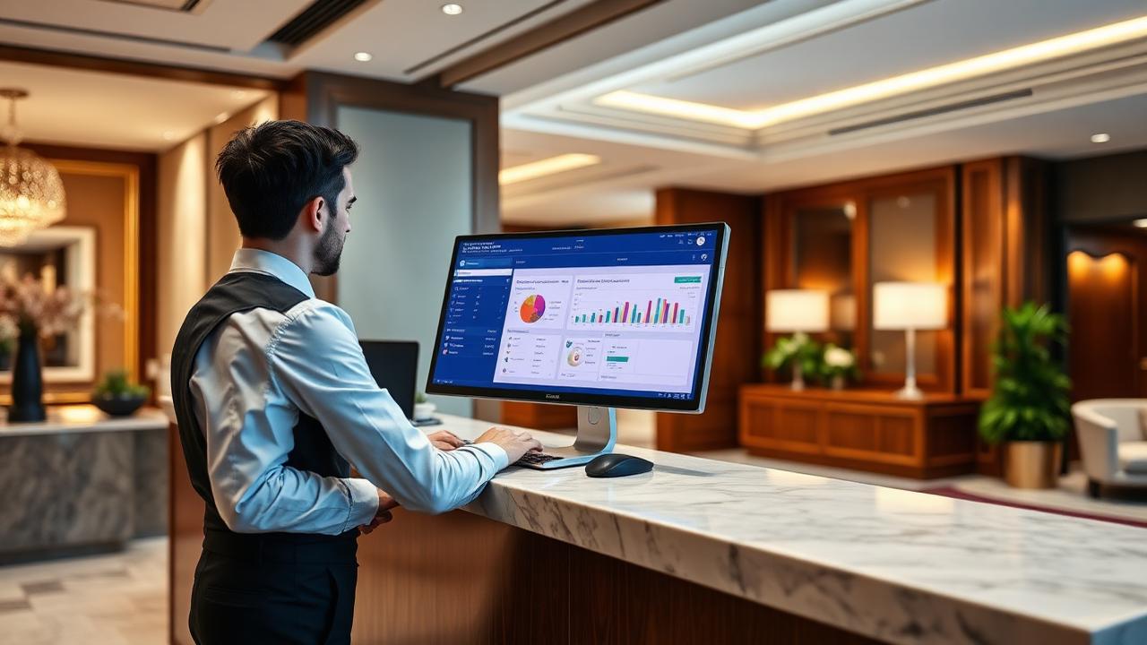 Receptionist che gestisce la dashboard Quadro alla reception dell'hotel