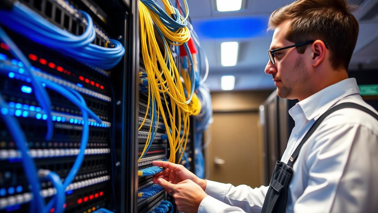 Tecnico di rete al lavoro su patch panel e switch in una sala tecnica alberghiera