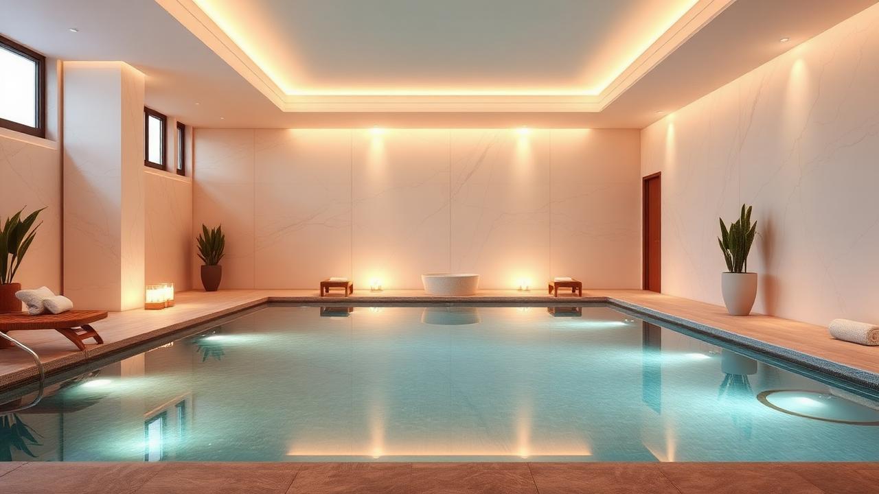 Area SPA di un hotel di lusso con piscina e luci soffuse